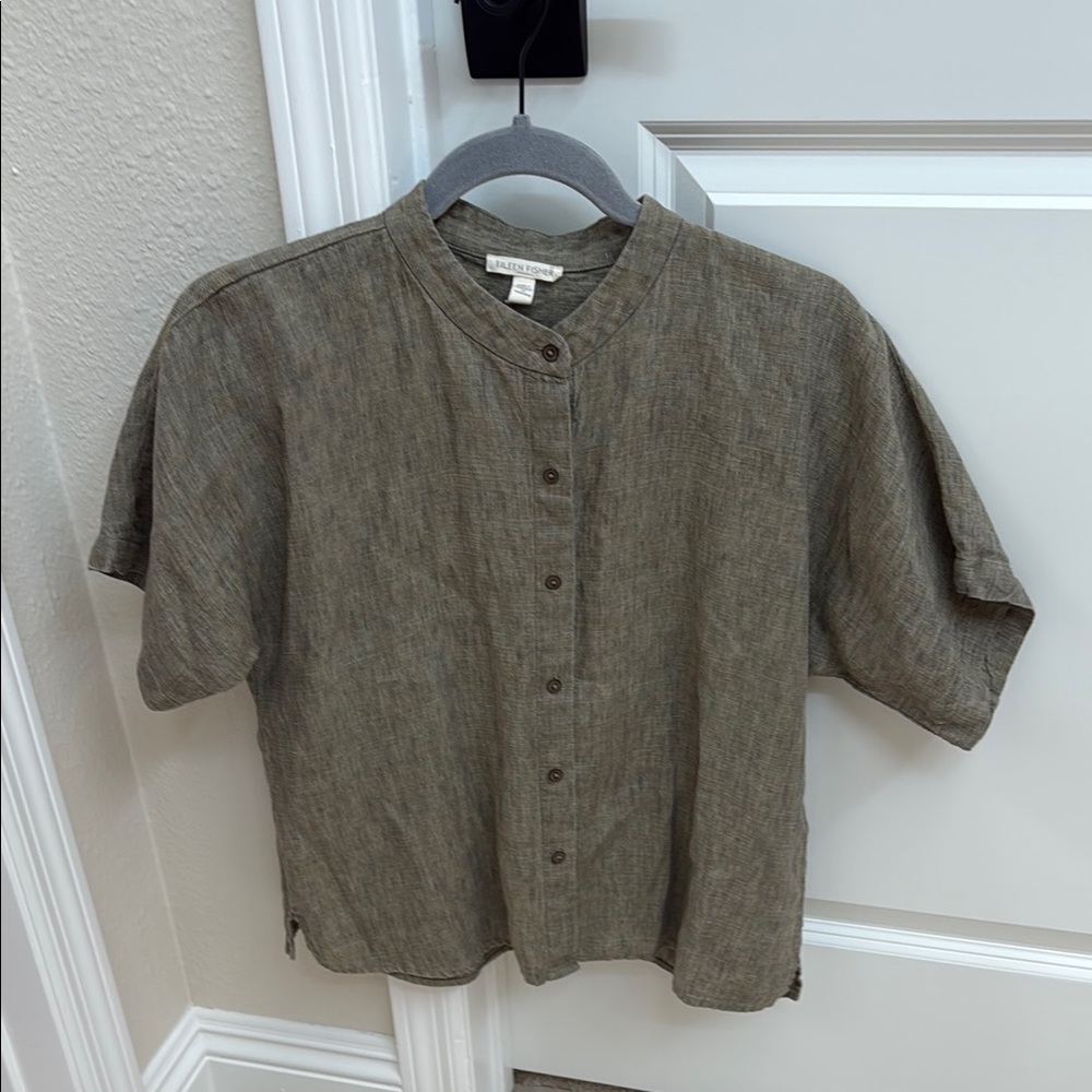Eileen FisherWashed Organic Linen Délavé Band Collar Shirt - Size: XXS/TTP